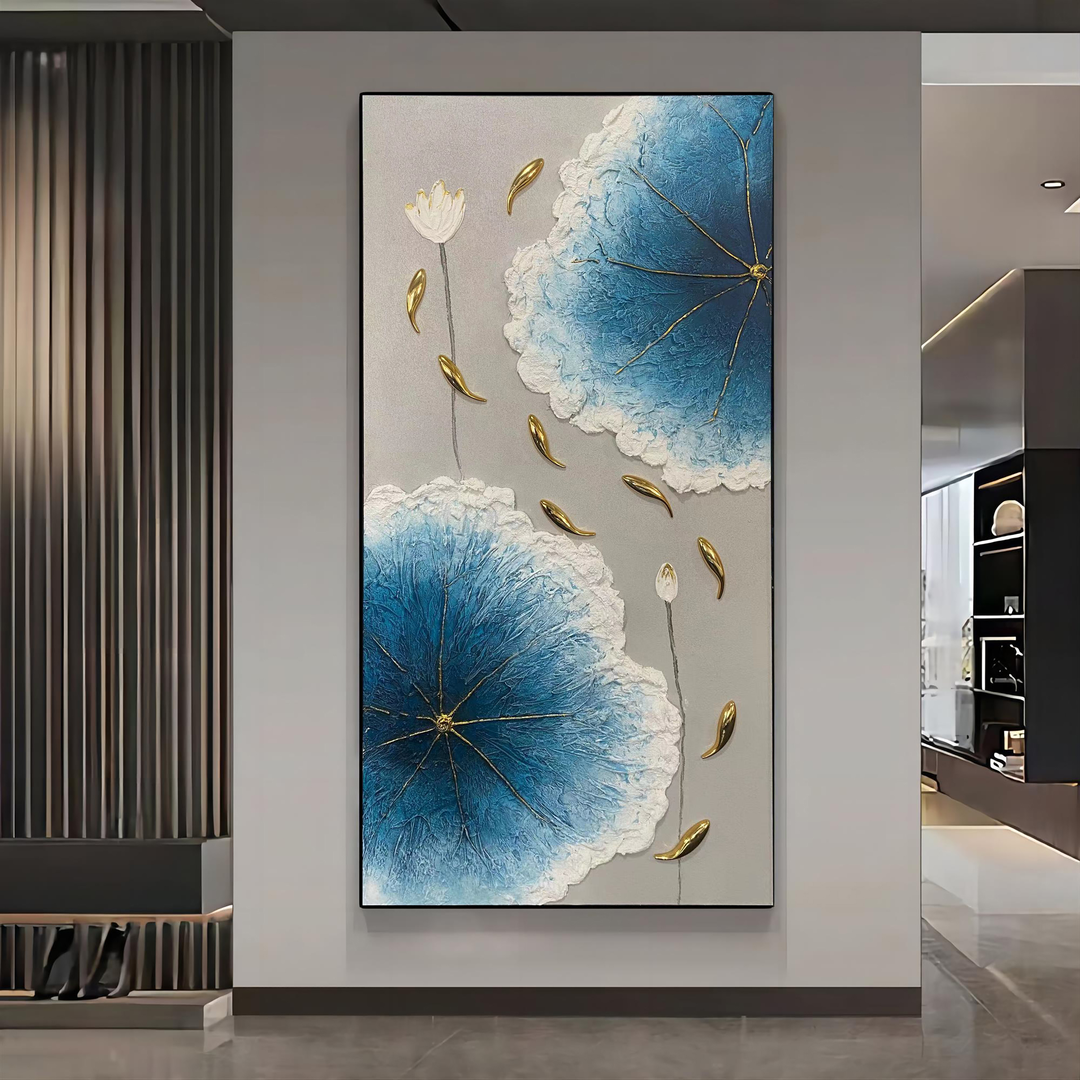九鱼荷花图 |玄关装饰画手绘油画餐厅客厅装饰画高端轻奢现代简约