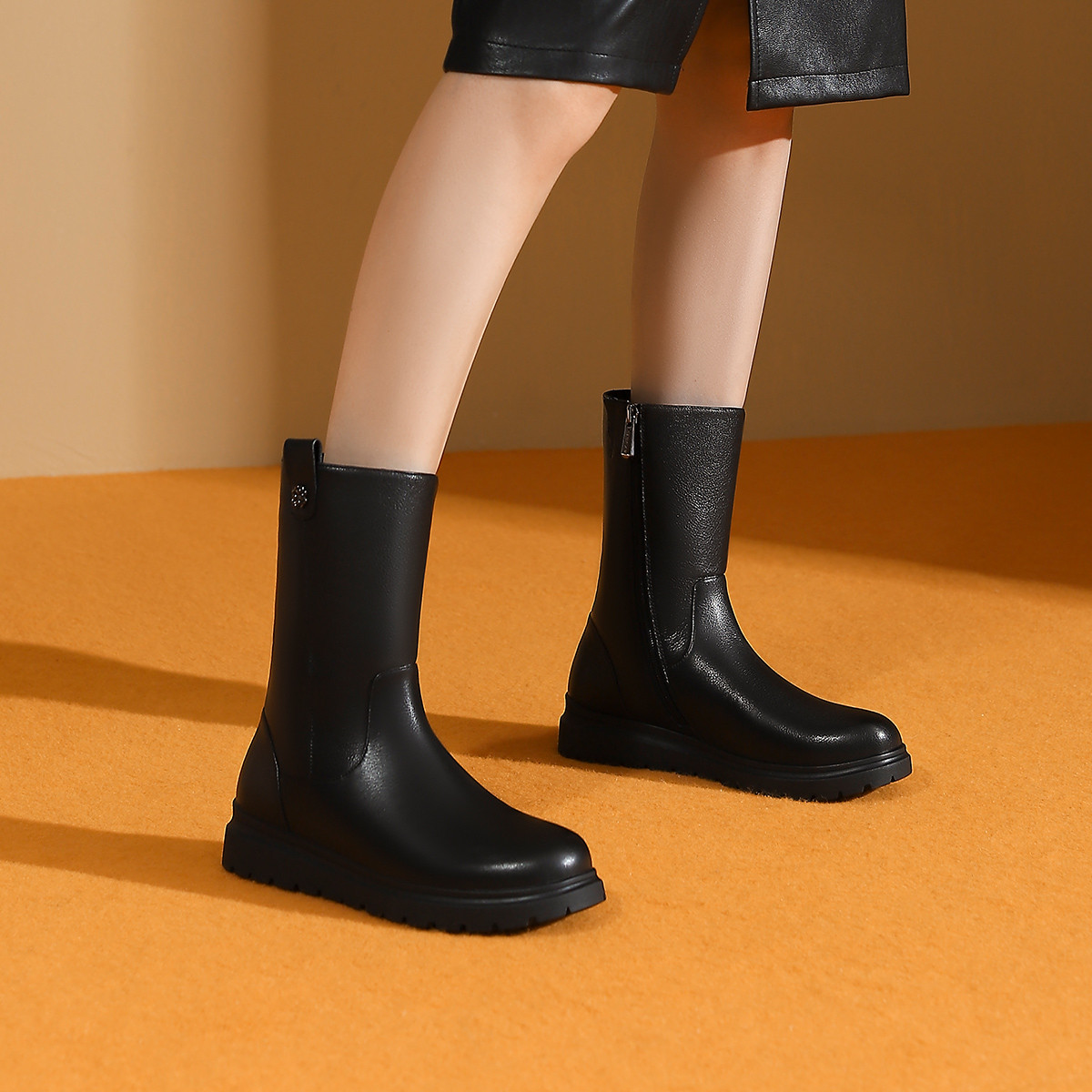 【专柜同款】24秋冬新款加绒真皮中筒烟筒靴百搭厚底时装靴HA247142