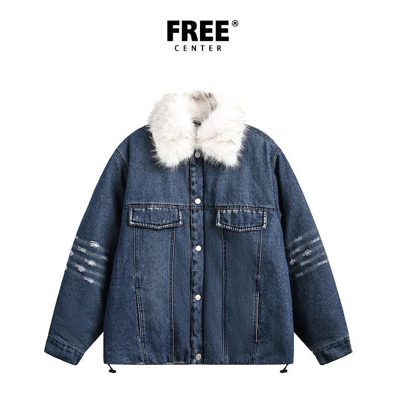 Free Center 夹克外套拼接毛领女款百搭牛仔棉服美式高街做旧棉服