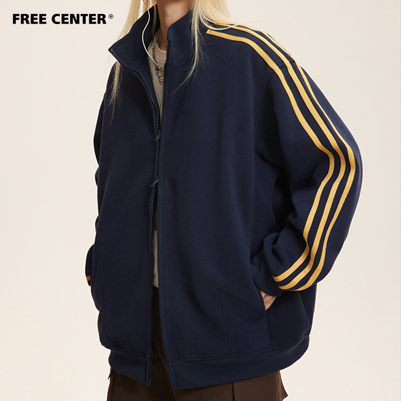 Free Center美式复古潮牌运动三条杠开衫卫衣男女情侣宽松外套潮