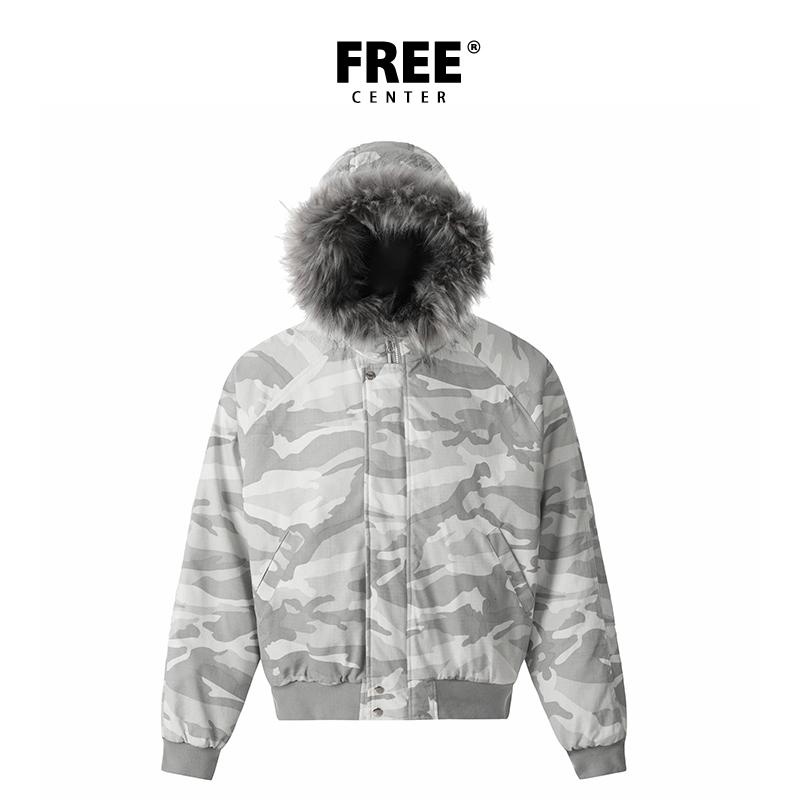 Free Center 冬季新款加厚棉袄毛领男女保暖迷彩棉服外套连帽新款