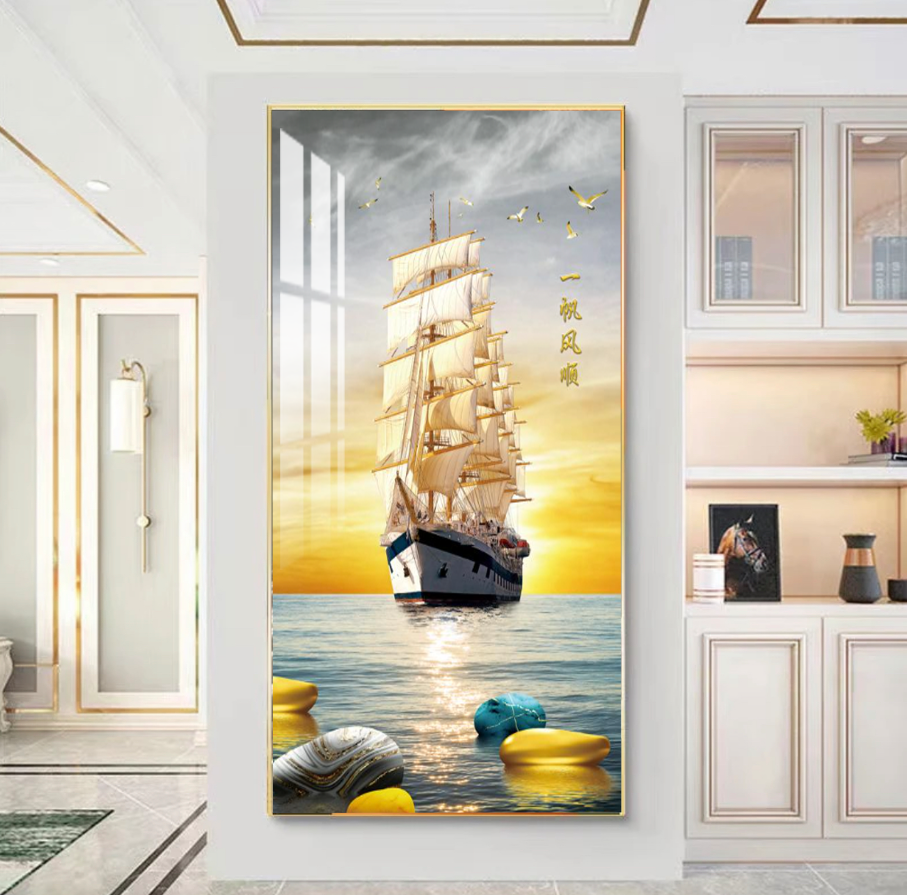 一帆风顺新中式玄关过道画竖版轻奢时尚高档镶钻晶瓷画入户装饰画