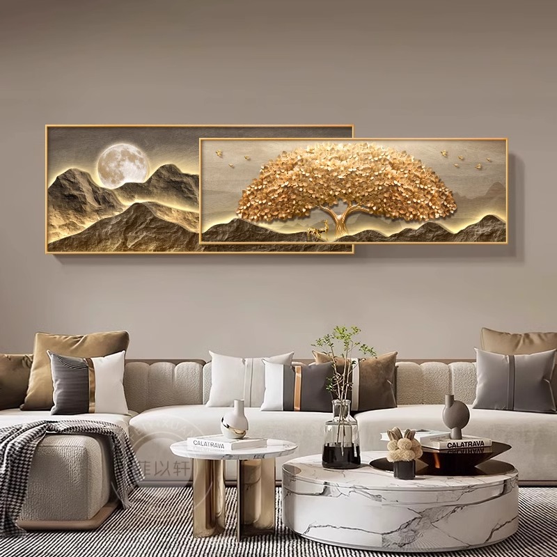 高档 客厅背有靠山装饰画轻奢麋鹿沙发背景叠加挂画高档大气