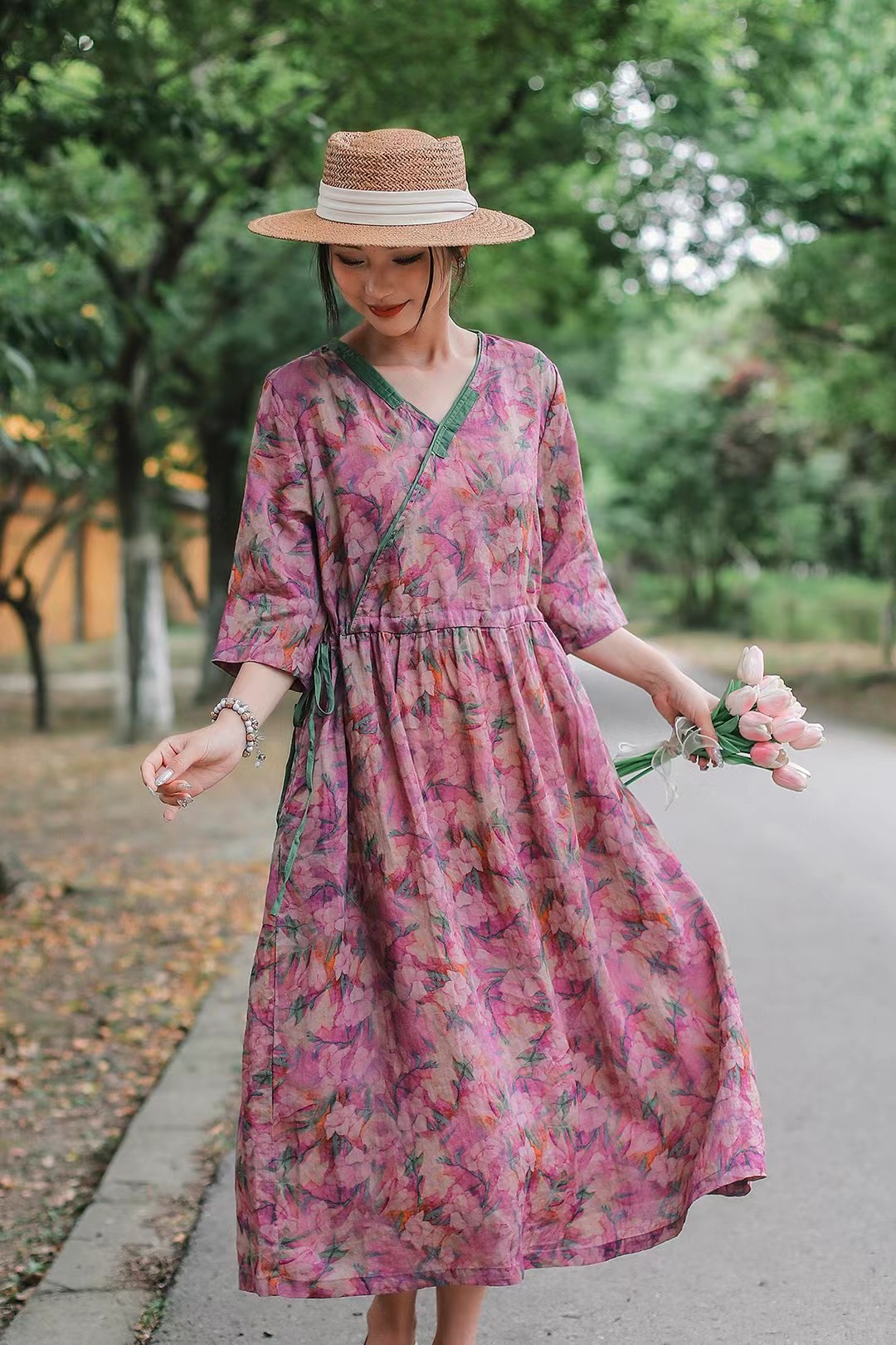 【锦绣年华】西缺夏季苎麻宽松女装连衣裙v领印花收腰显瘦气质优雅