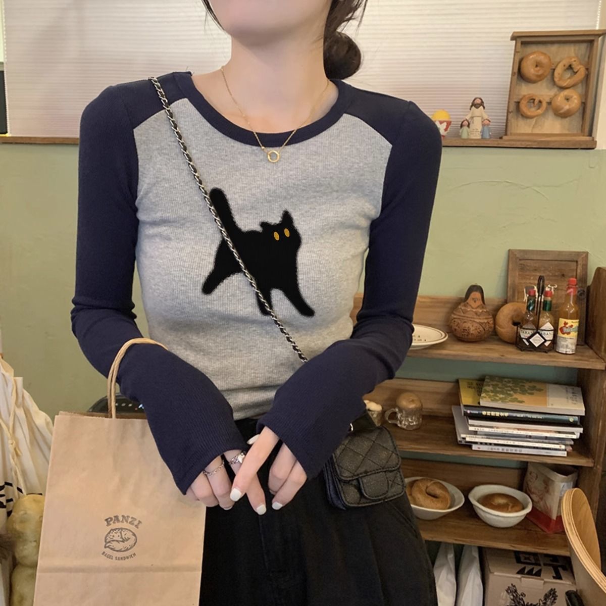 美式德绒正肩长袖打底衫女2023秋季内搭紧身短款复古辣妹t恤上衣