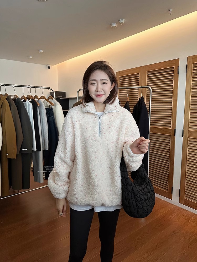 widelia2023FW加厚保暖宽松翻领半拉链卫衣小众毛绒上衣932823