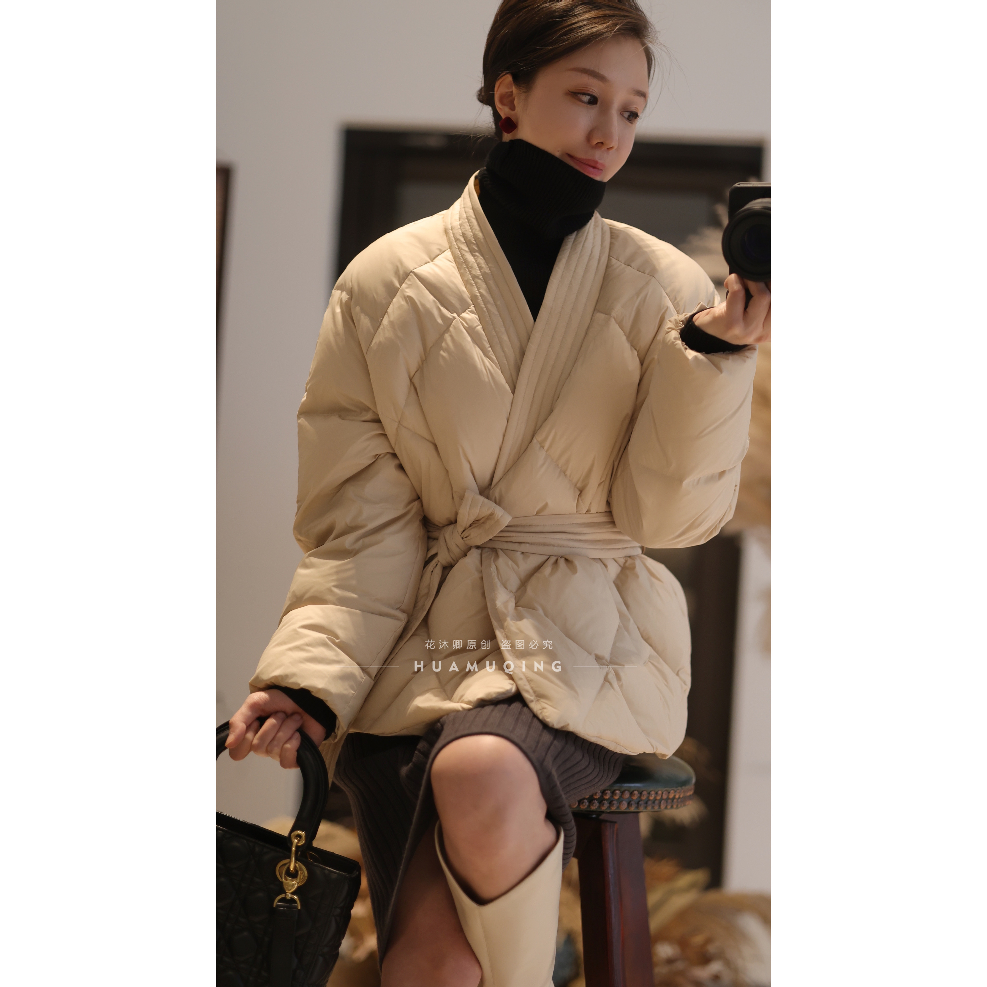 {花蕾原创}冬季韩版菱形格加厚短款休闲宽松90白鹅绒服克重137