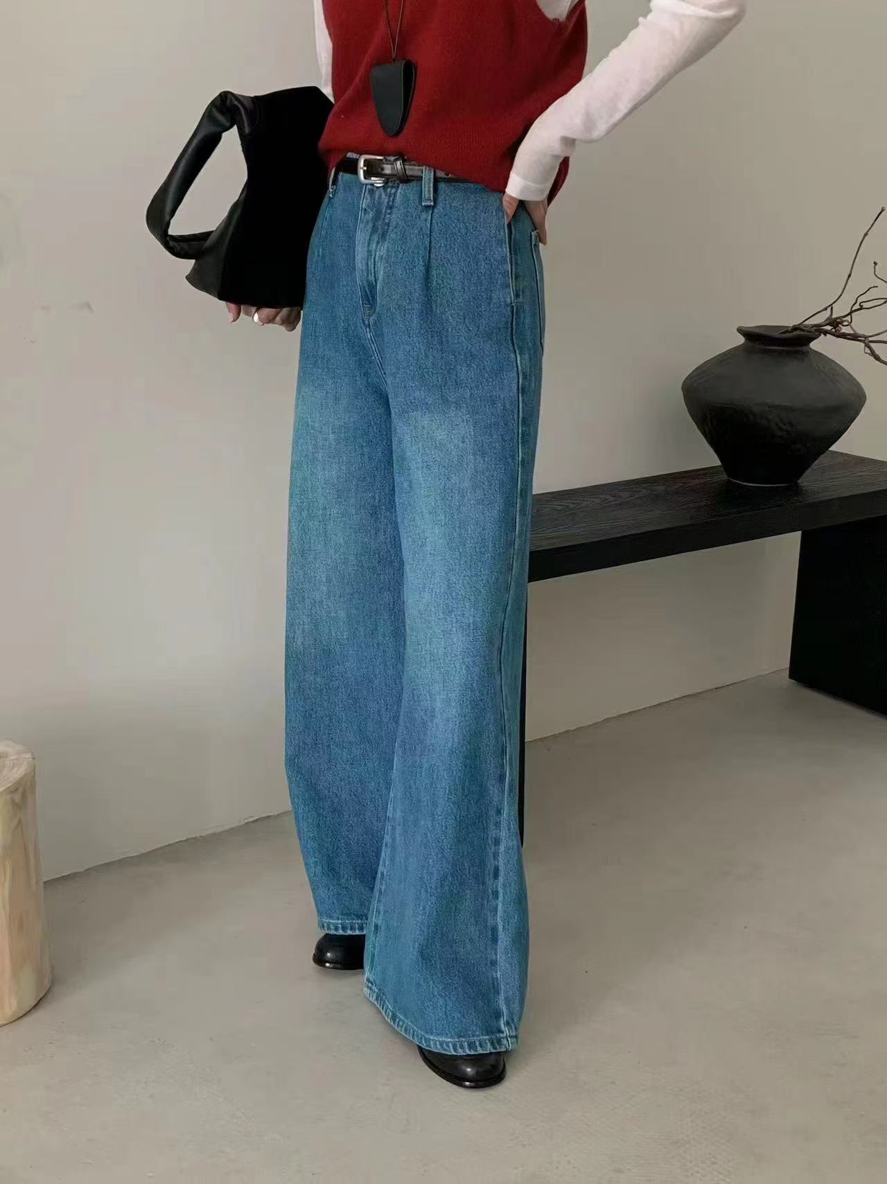 阔腿牛仔裤百搭垂感复古高腰女