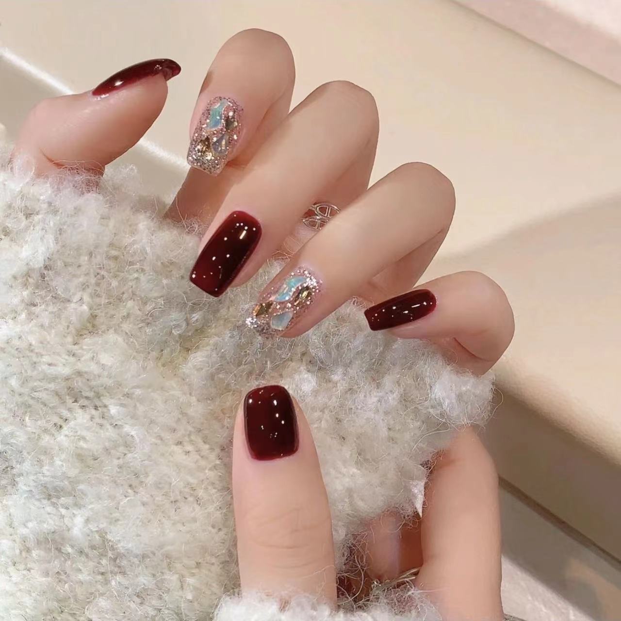 【酒红香槟】新年战甲酒红爆闪美甲穿戴甲显白纯手工定制穿戴甲