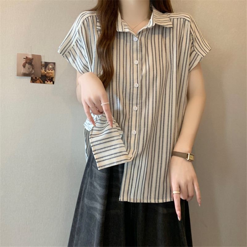 小飞袖polo领条纹衬衫女夏装大码微胖妹妹遮肚子显瘦洋气减龄上衣