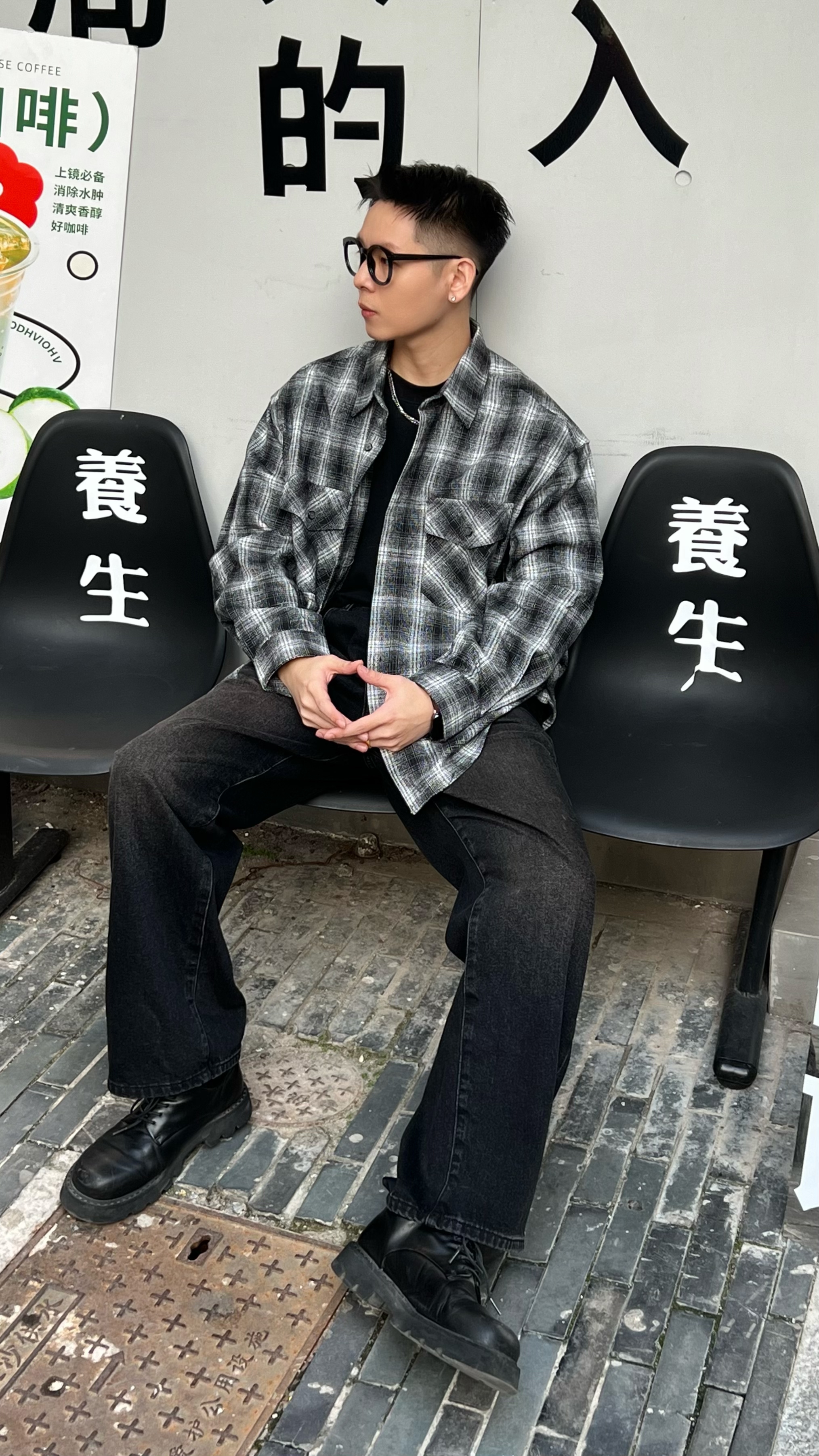 秋冬季厚款男士复古ins潮流格纹休闲宽松拼色格子港风长袖衬衫