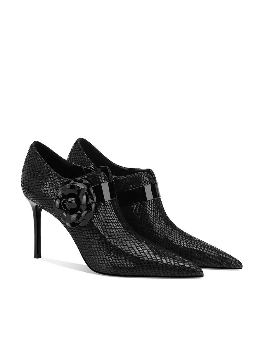 黑色山茶花高跟鞋2023新款短靴女春秋单靴侧拉链尖头细跟深口单鞋