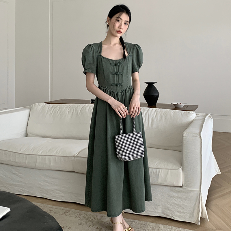 复古盘扣气质连衣裙女夏减龄a字牛仔裙82699