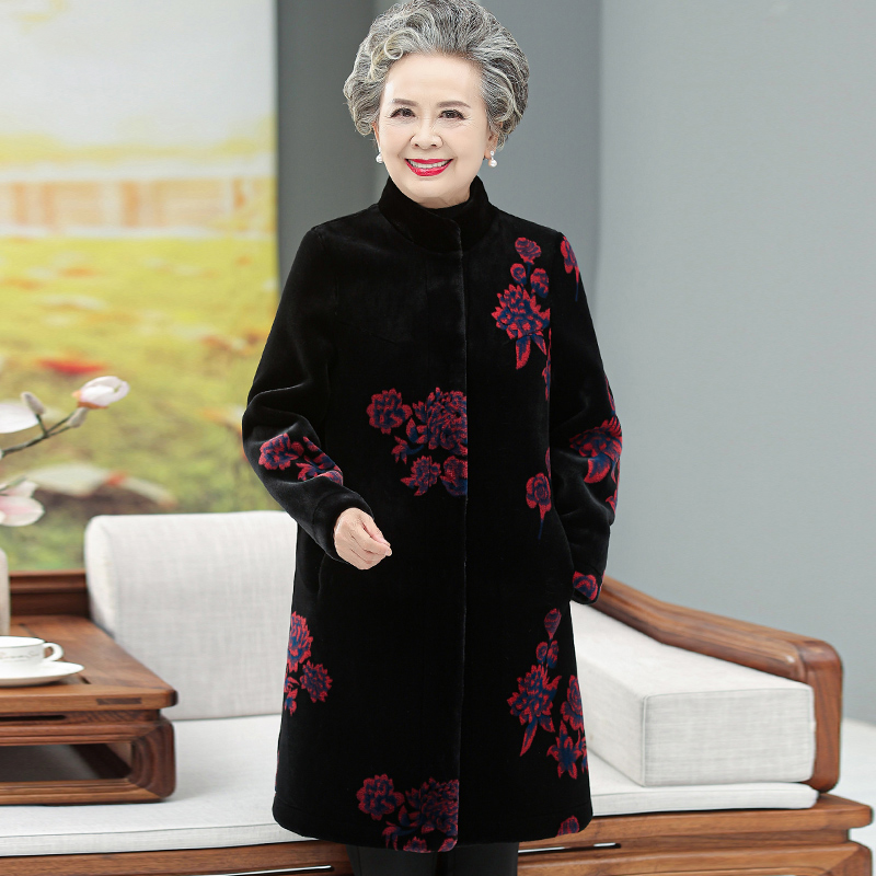 老年人冬装女皮毛一体中长款奶奶高档中国风衣服洋气妈妈上衣高贵
