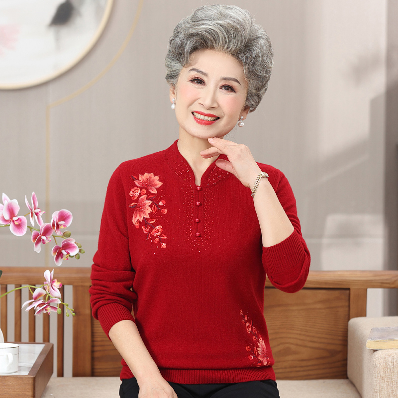中老年人秋冬羊毛衫女奶奶婚宴礼服妈妈红色小衫老人老太太洋气