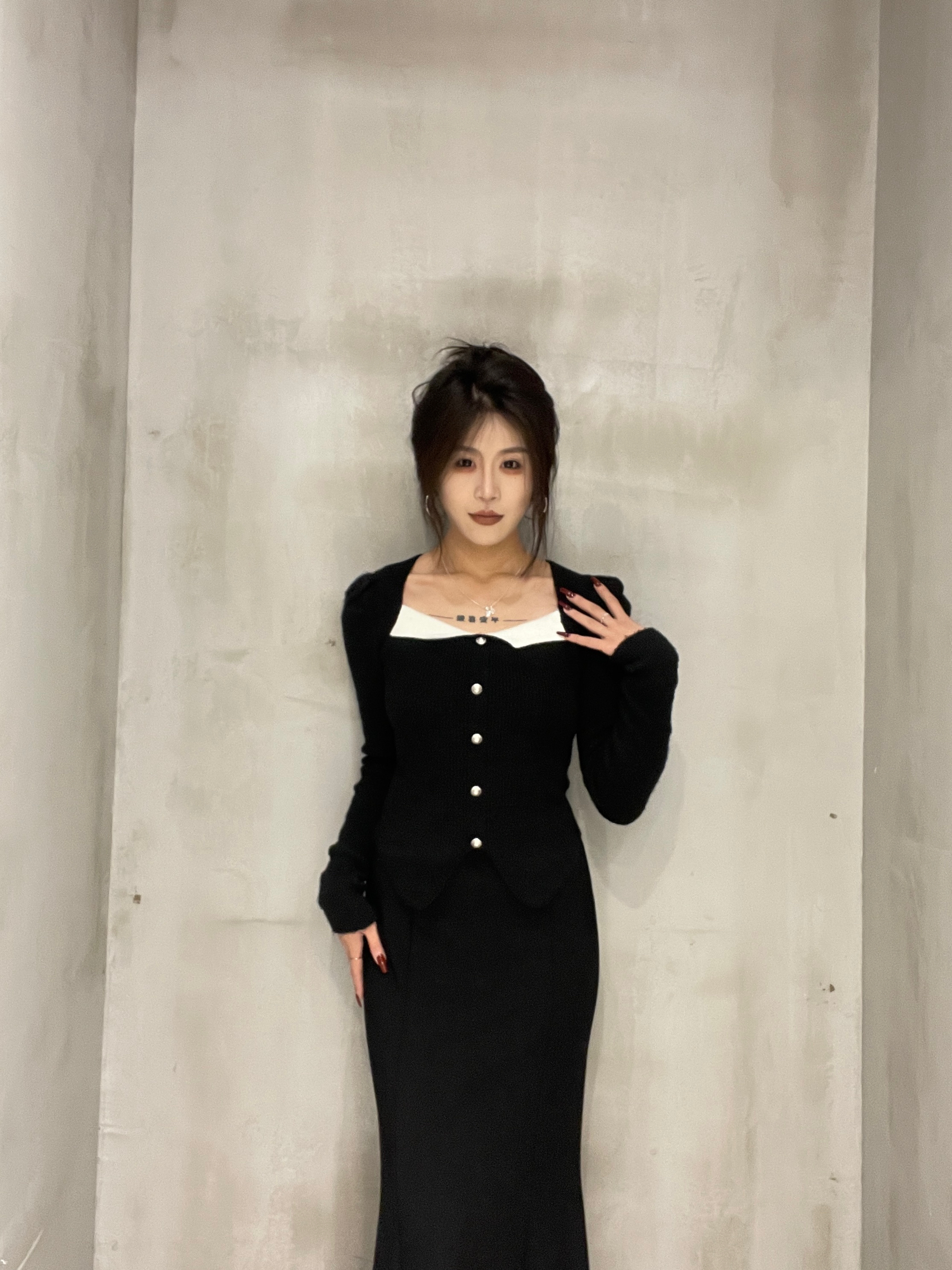 法式修身拼接薄荷曼波撞色方领针织衫假两件开衫长袖