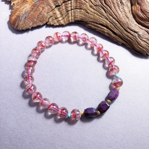 【圣芭黎】天然金草莓超七手串6+舒俱来丝绒桶珠7+多样性发一D0988