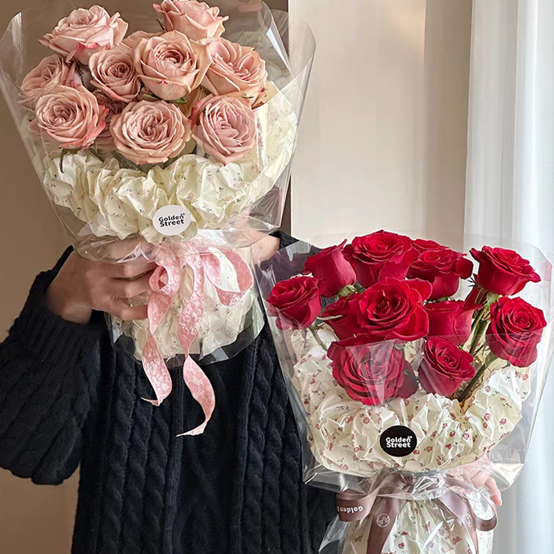 HH 38克加厚玫瑰印花雪梨纸 小狗花束花束单面包装纸花店资材