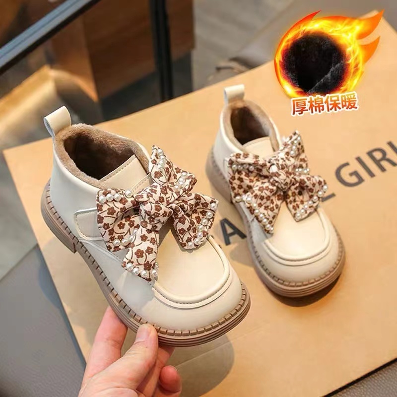 回力潮品女童皮鞋2023新款秋冬季加绒棉鞋蝴蝶结小女孩公主鞋软底