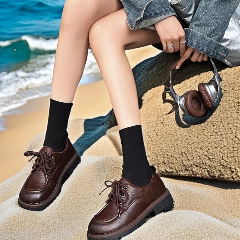 真皮皮鞋冬季英伦风圆头厚底休闲系带乐福鞋百搭软底软面黑色复古