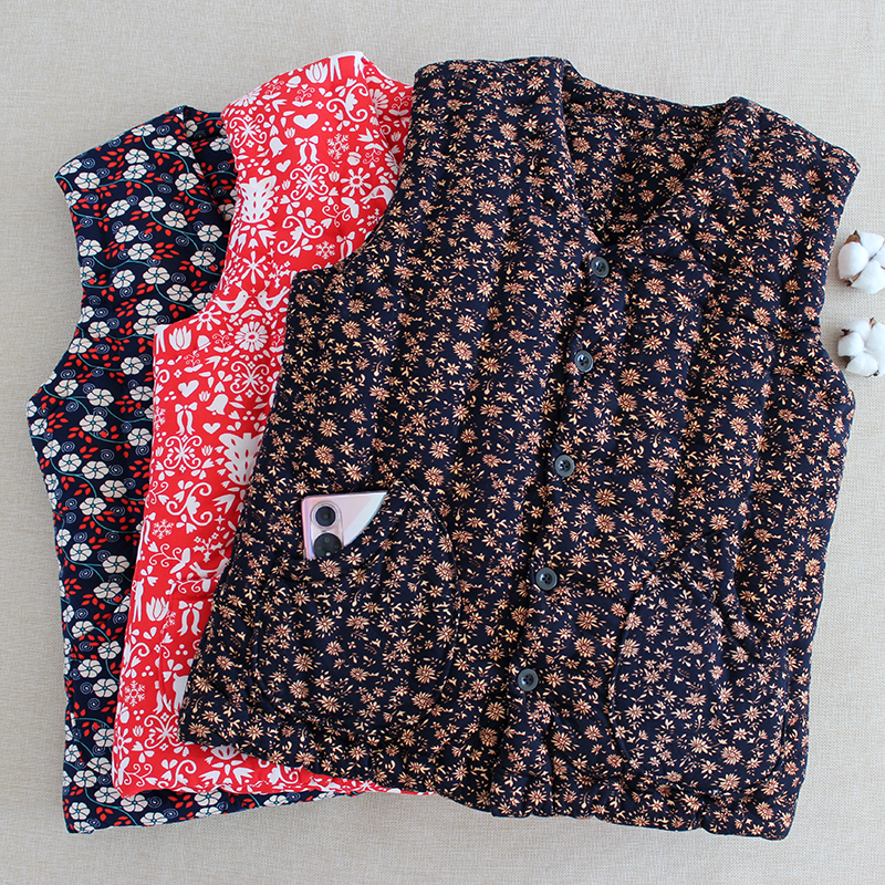 手工纯棉花弹力女士中老年马甲秋冬季加厚保暖坎肩居家内外穿背心