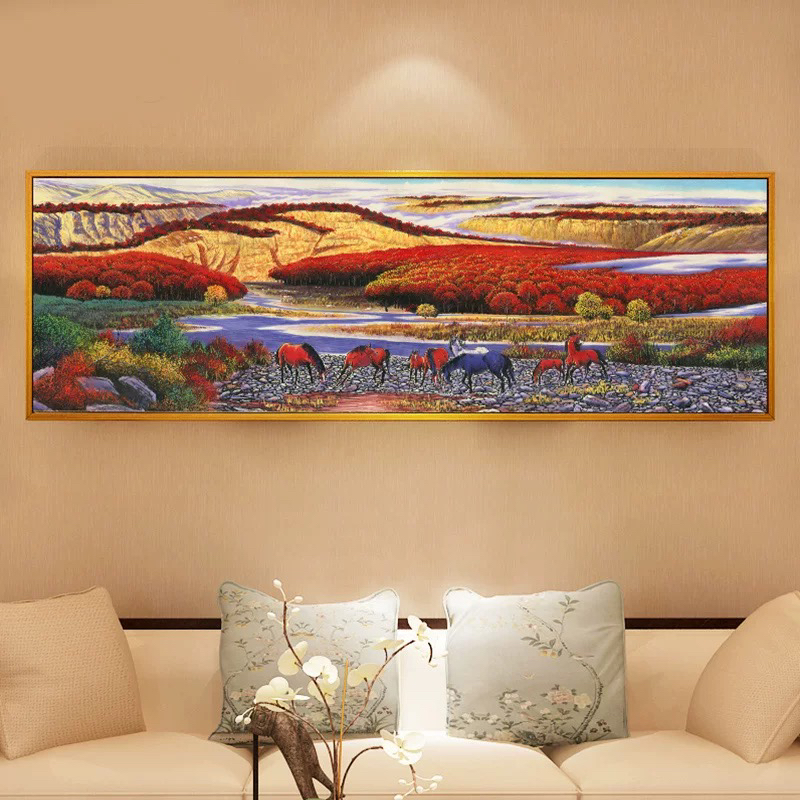 爱络牧马鸿运高升三股线十字绣218×75cm风景山水大画套件