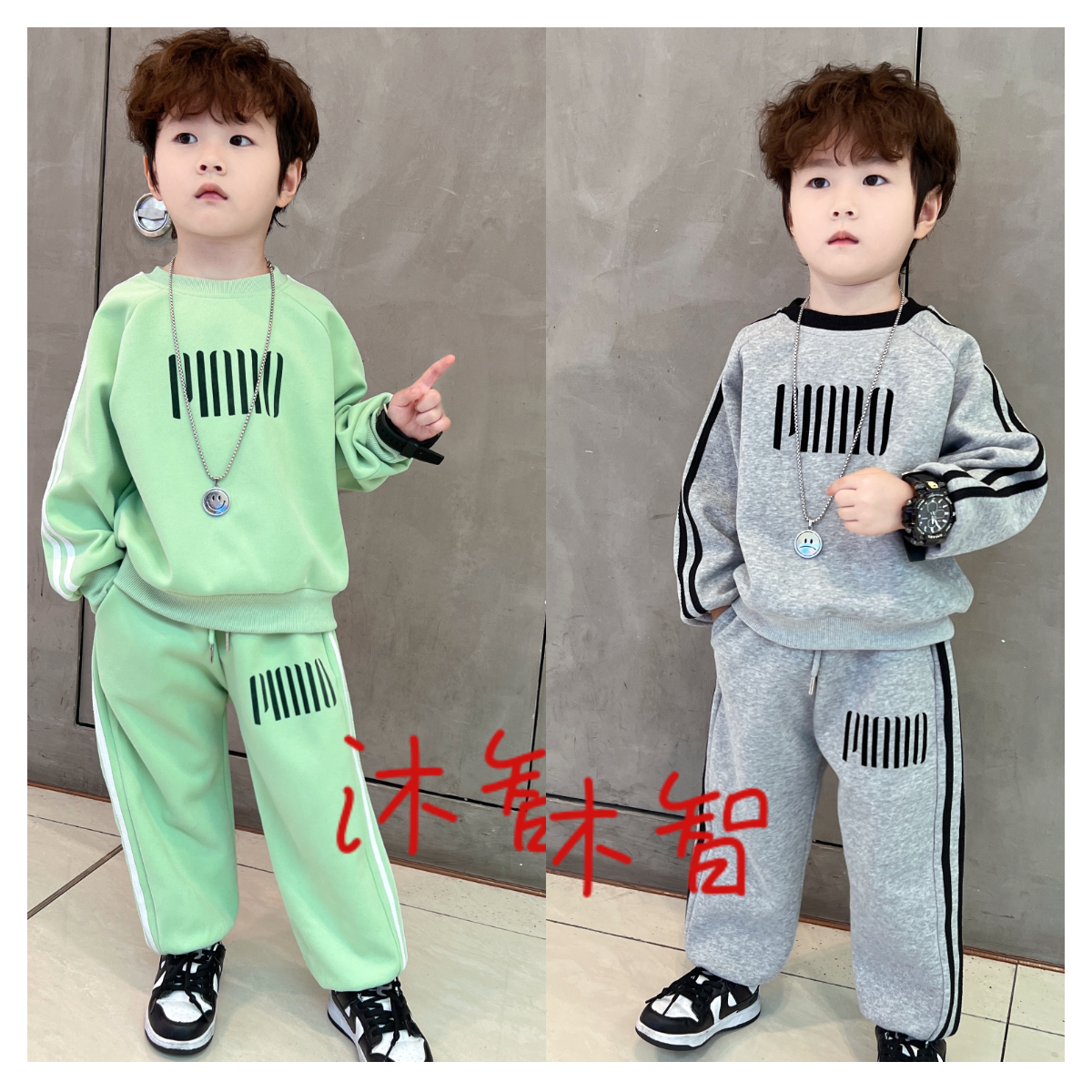 (90-160）儿童春秋新款休闲潮范 时尚显白卫衣植绒拉条长袖套装