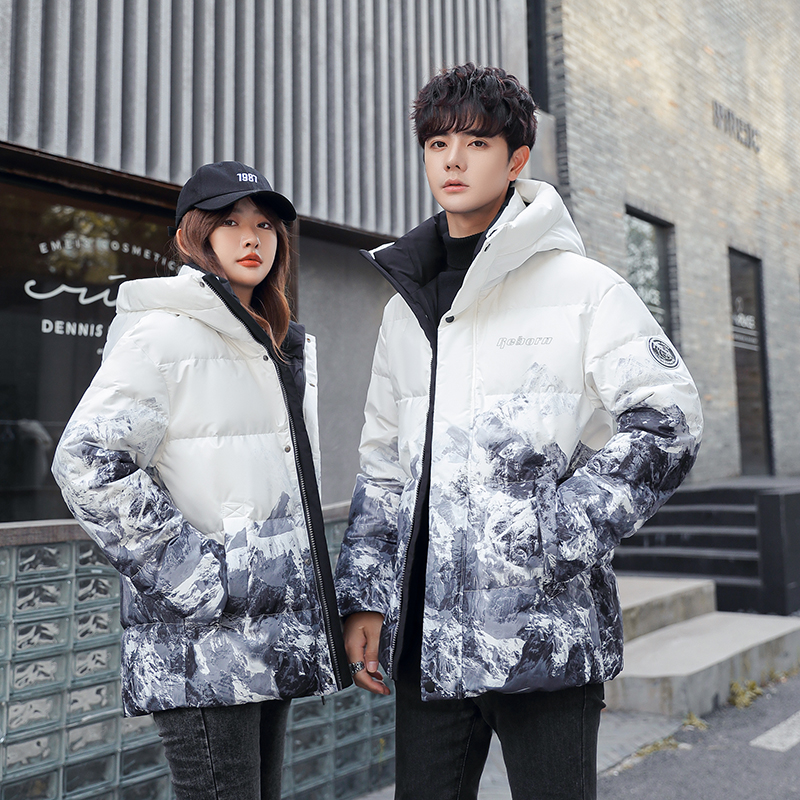 2023年户外户外加厚渐变色雪山冬季情侣款连帽羽绒衣服男潮短款