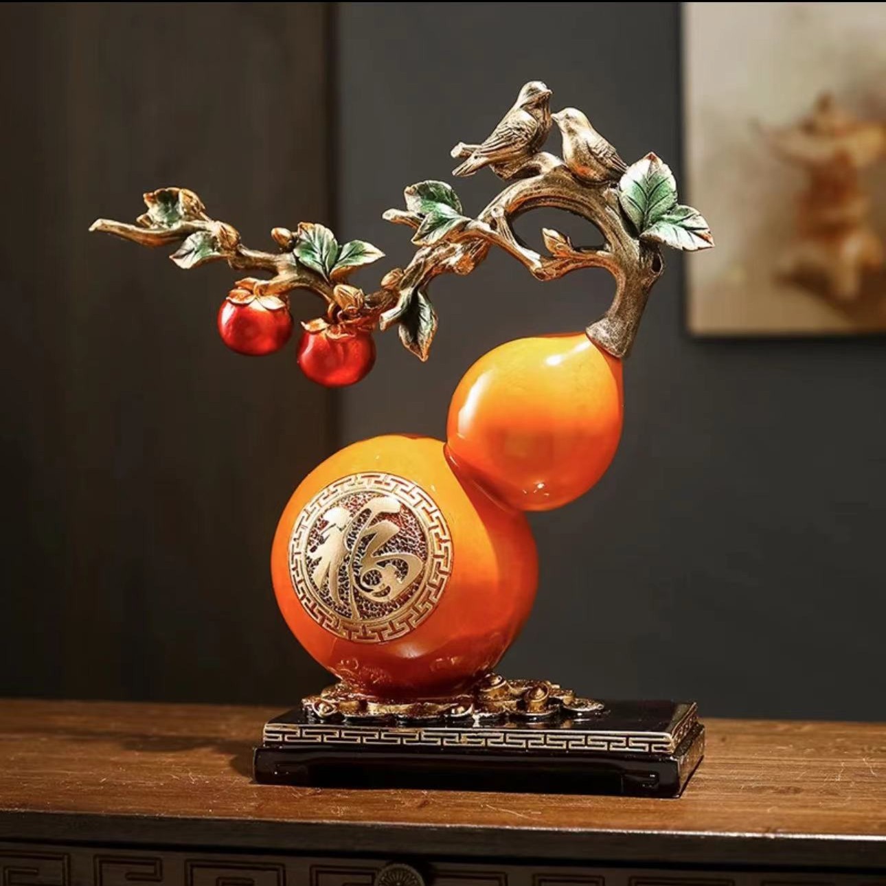 高档手工装饰品葫芦摆件柿柿如意新中式客厅玄关电视柜树脂工艺品