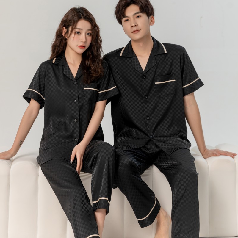 男女情侣高端睡衣珠光软丝黑色宽松睡衣舒适家居服简约舒适套装