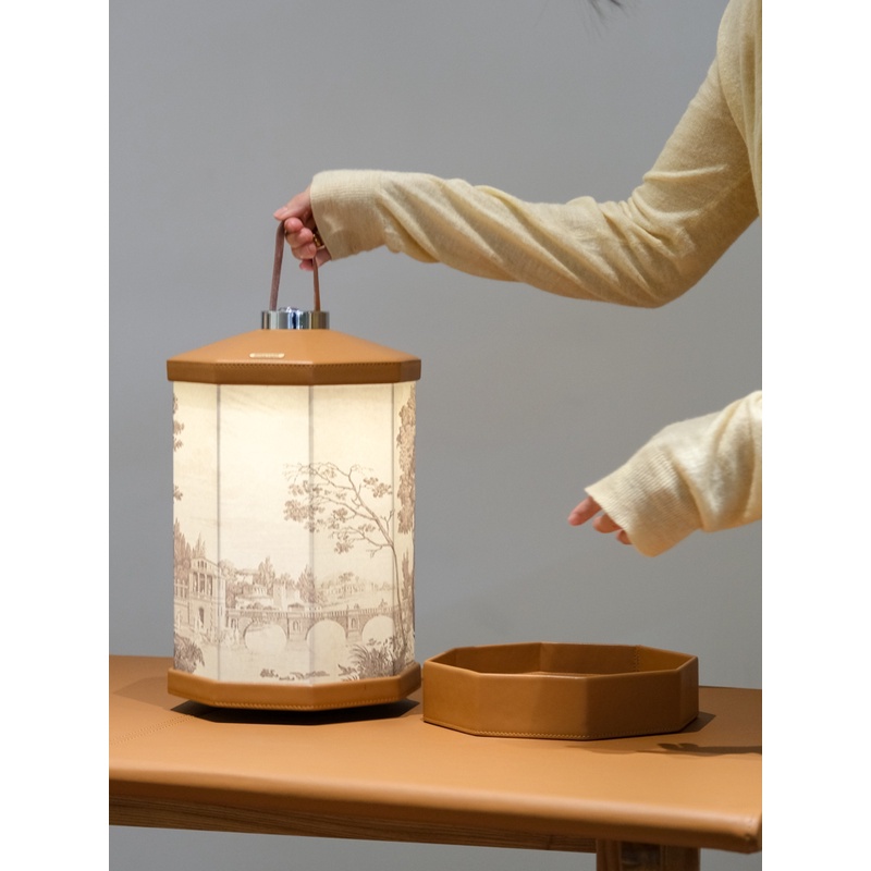 若奈触控皮质台灯托盘一体亚麻茹伊花纹无线充电床头灯夜灯手提灯