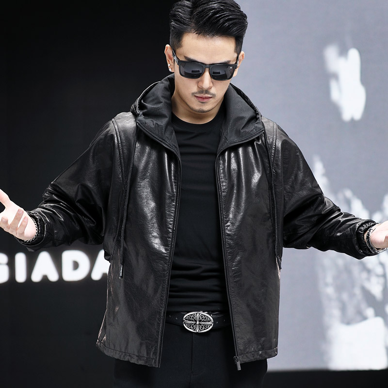 9826男士真皮皮衣宽松版头层牛皮短款连帽皮夹克外套时尚休闲