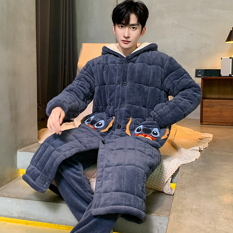 【三层夹棉】睡衣男冬季加绒加厚保暖青少年超厚大码睡袍长款家居服