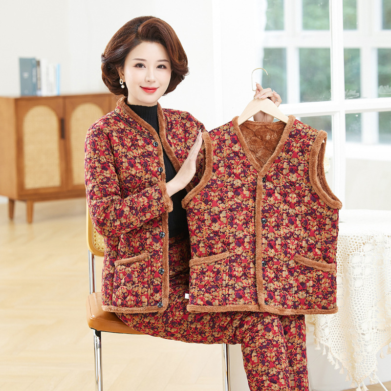 妈妈冬装棉衣棉裤冬季老年人保暖三件套中老年人加绒加厚棉服家居