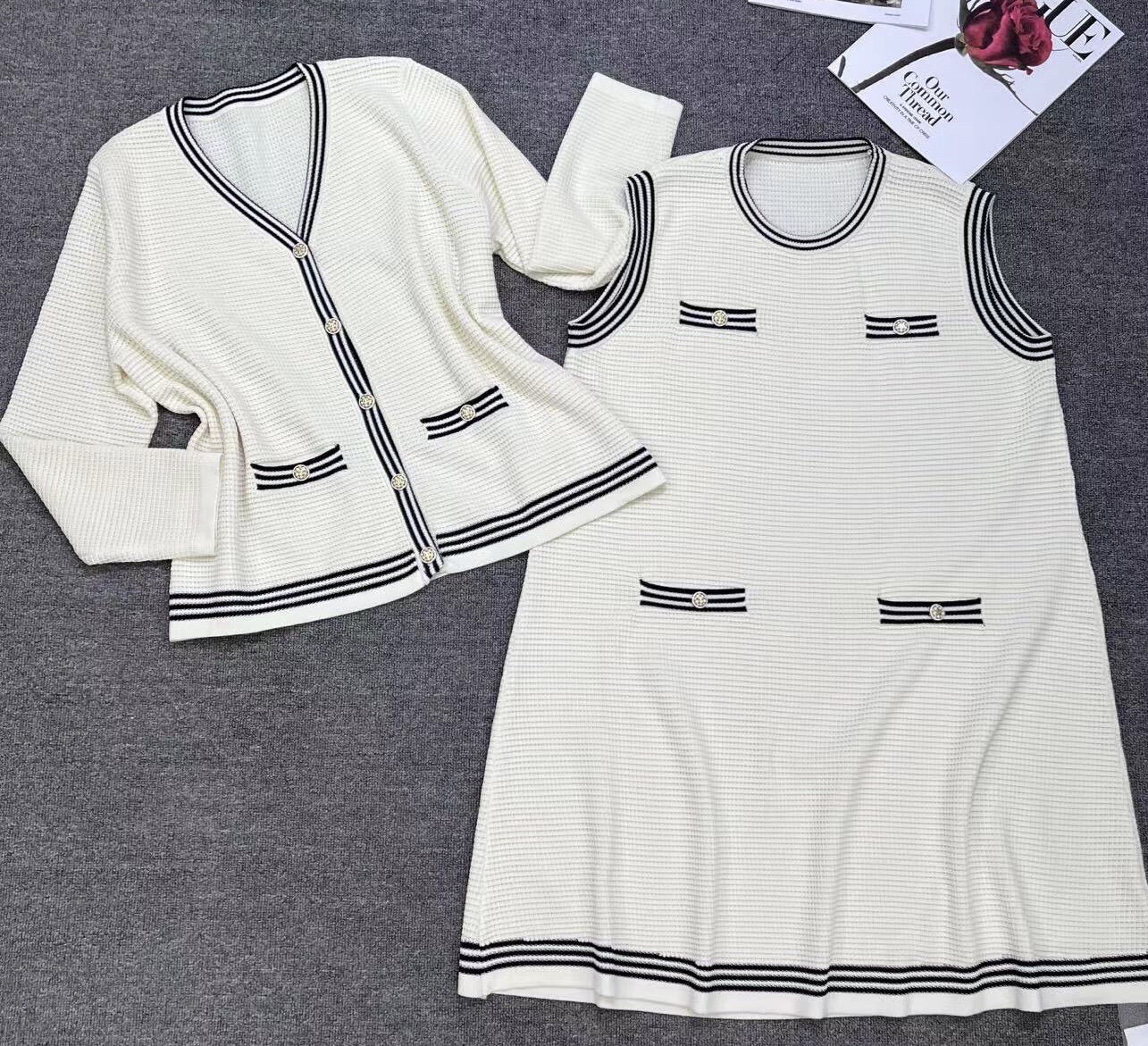 大码冰麻小香风两件套连衣裙