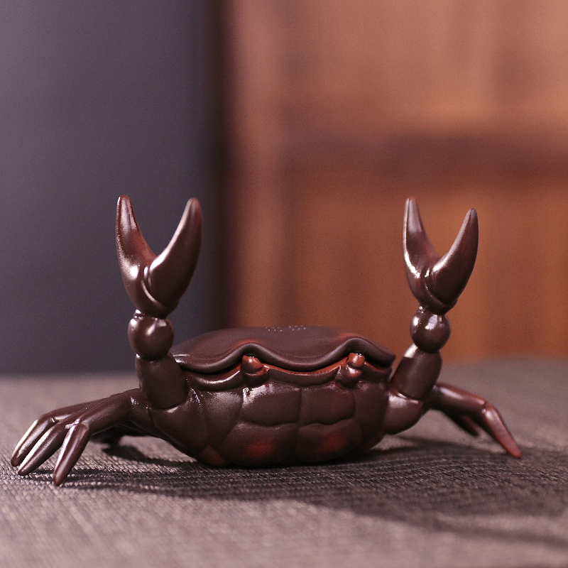 紫陶复古螃蟹茶漏茶宠摆件创意手工轻奢可养茶玩养壶笔放置架G73