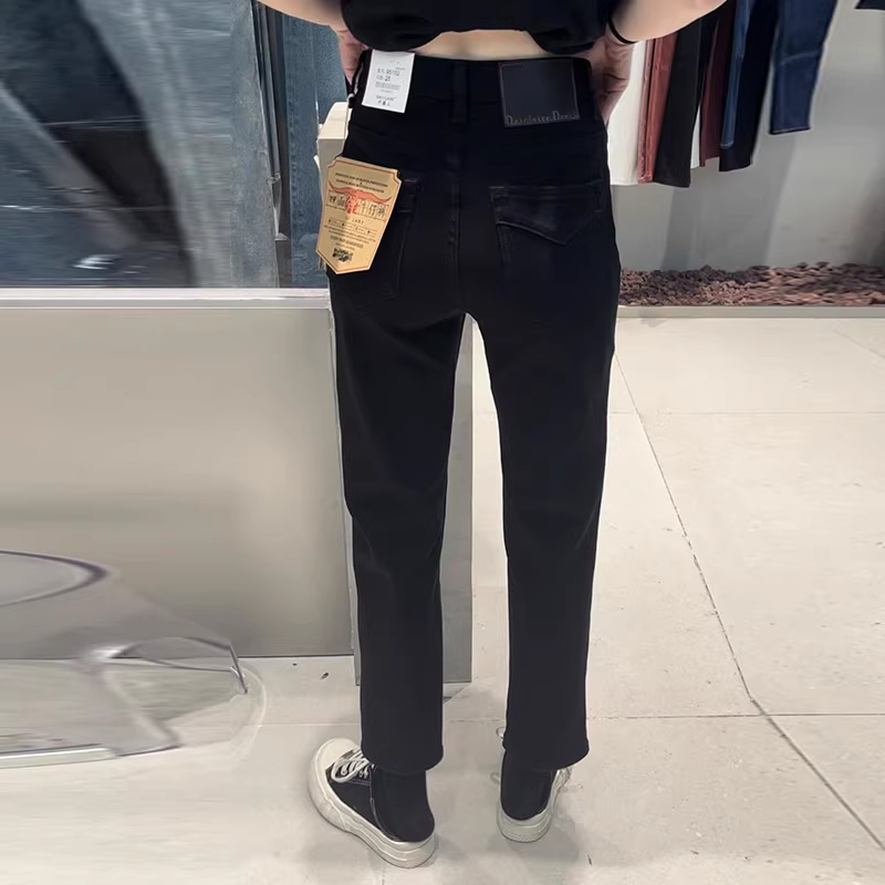代嘉儿daiclaire牛仔裤女秋冬Q暖绒黑色显瘦弹力九分直筒裤95152