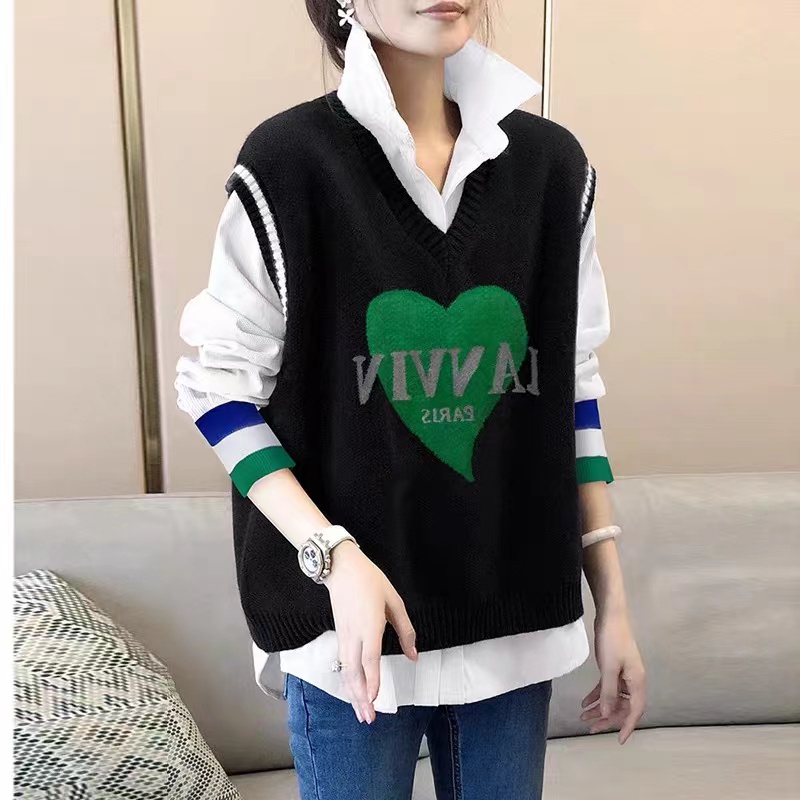 2023新款减龄撞色两件套宽松针织马甲长袖衬衫时尚女春秋新款上衣