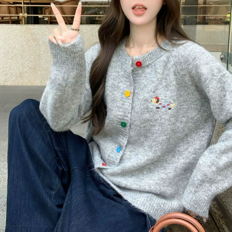 多巴胺纽扣可爱小狗毛衣开衫 早秋新款针织刺绣女士毛衣AM 8979#