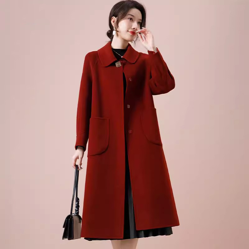 喜婆婆喜妈妈装双面呢大衣中长款秋冬婚庆装中老年女装羊毛外套