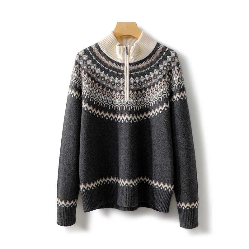 费尔岛提花复古加厚毛衣100%纯山羊绒套头衫女高领拉链针织