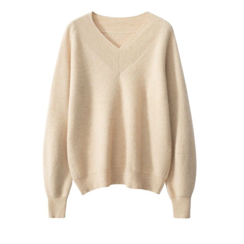软糯加厚羊绒衫女宽松V领针织衫元宝针慵懒风套头羊绒毛衣打底衫