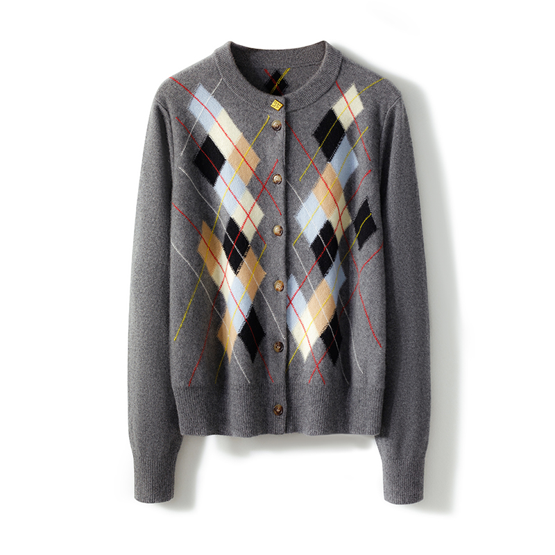 贵气老钱风~高端学院菱形格纹拼色100%山羊绒 针织开衫毛衣外套