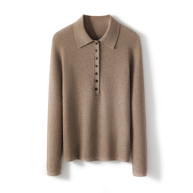 元厂纱原色羊绒精纺100%纯山羊绒纽扣半门襟弹力针织衫2024年秋冬