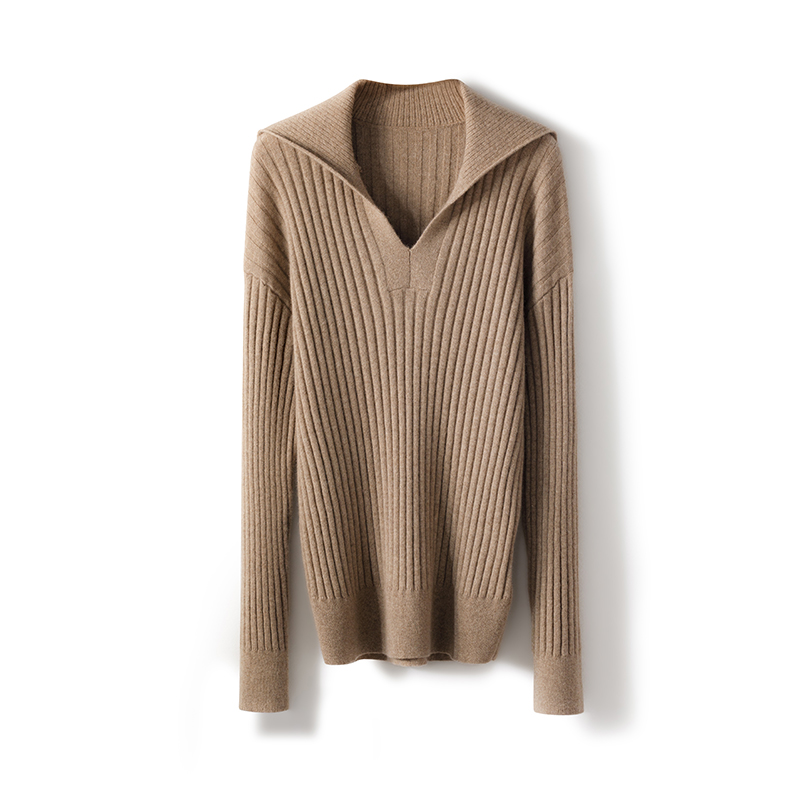 小禾同款V领坑条羊绒衫女士2024秋冬新款100纯山羊绒宽松毛衣加厚