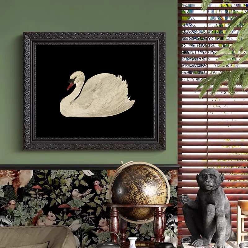 复古天鹅卧室床头装饰画中古风玄关手工油画过道艺术挂画