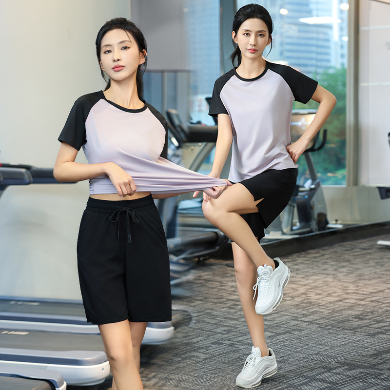 夏季薄款速干微胖跑步运动套装女外穿晨跑健身宽松瑜伽服洋气1276
