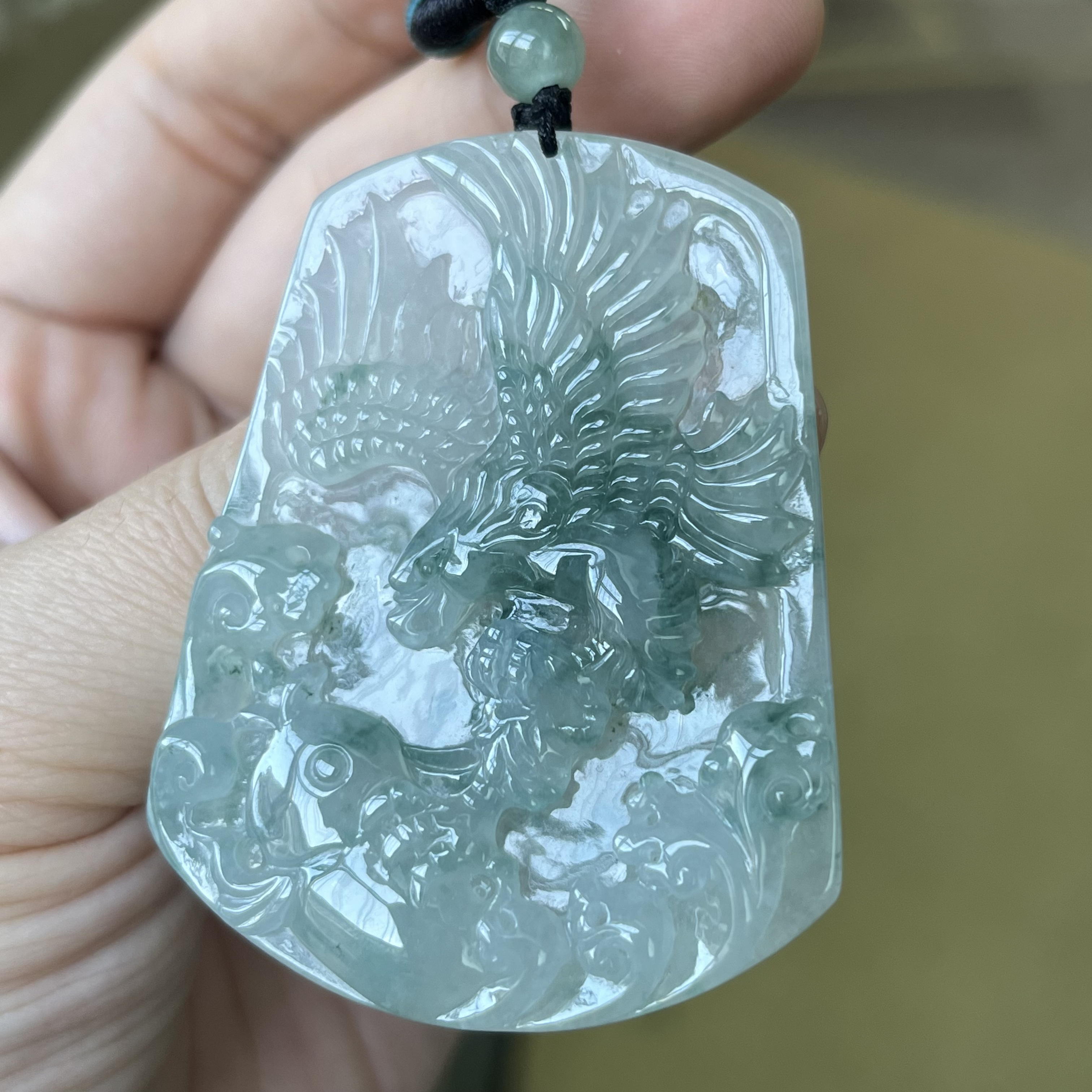 天然缅甸翡翠A货 冰种飘花鹰牌吊坠 大展宏图老坑种58.3×44.5×7mm