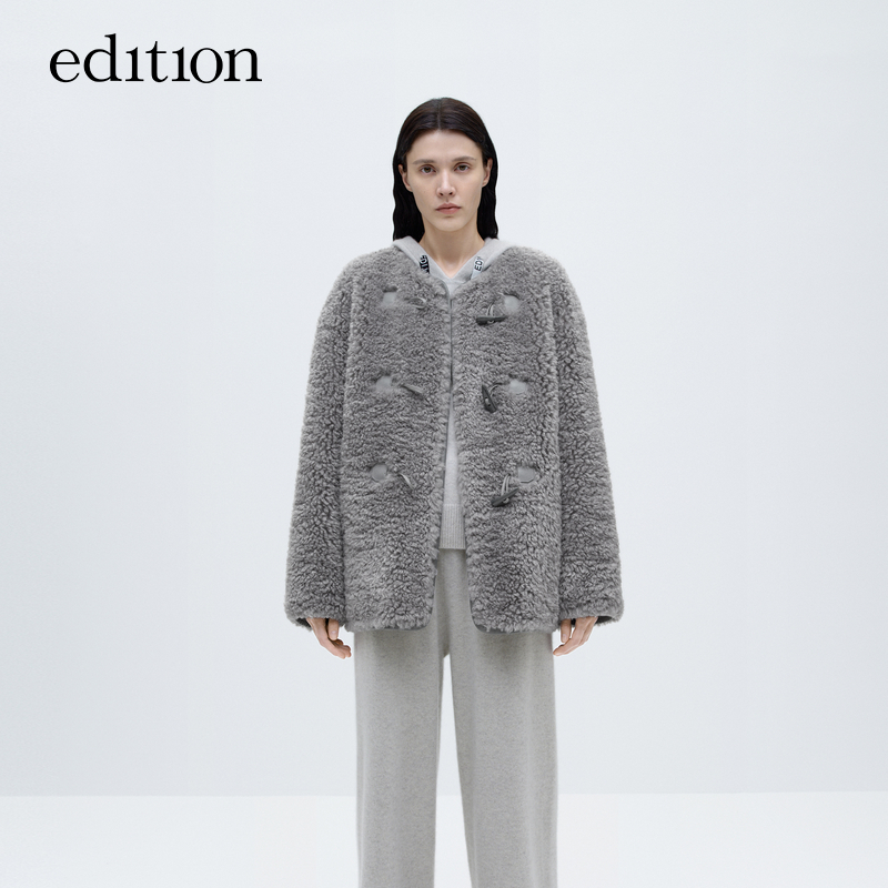 edition毛绒外套女牛角扣仿羊羔毛灰色外套#EBC4COTK03