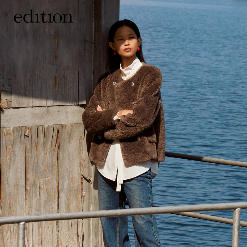 edition小香风毛毛外套女复古烟咖色短款大衣#EBB4FUR002